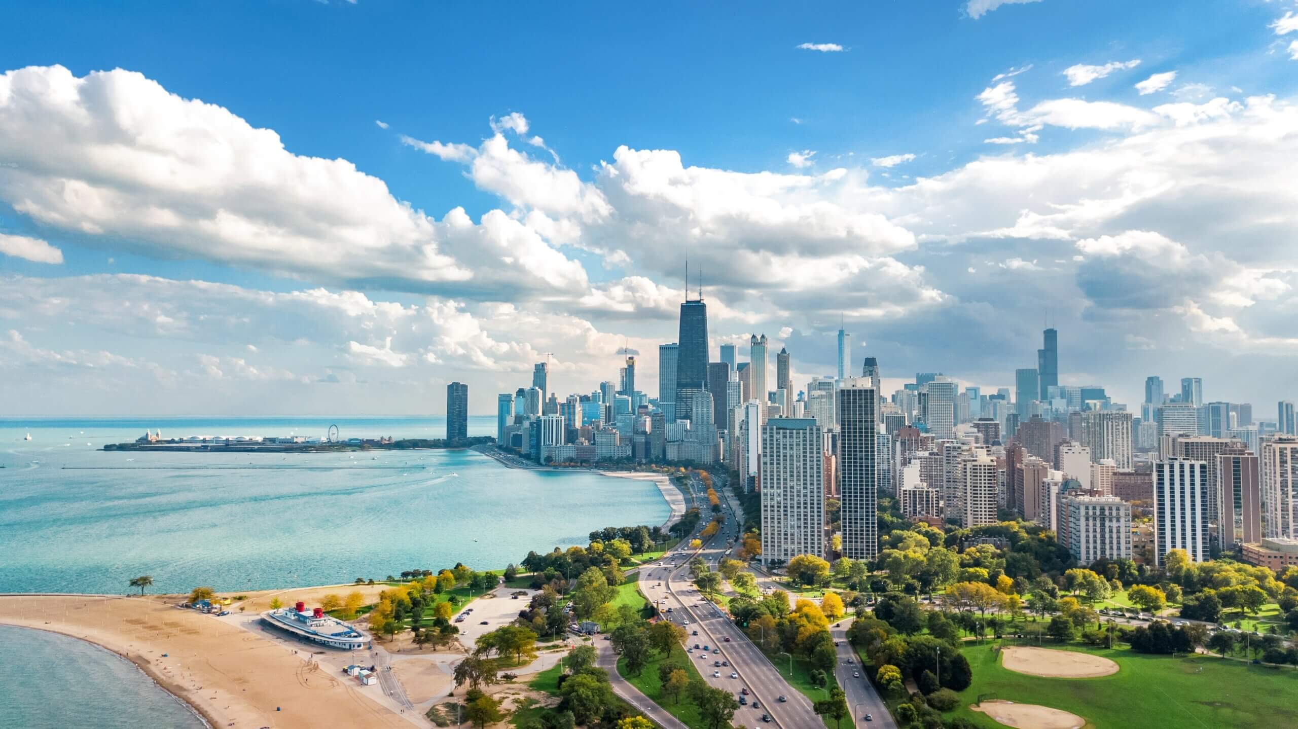 Chicago skyline aerial drone view from above, lake Michigan and